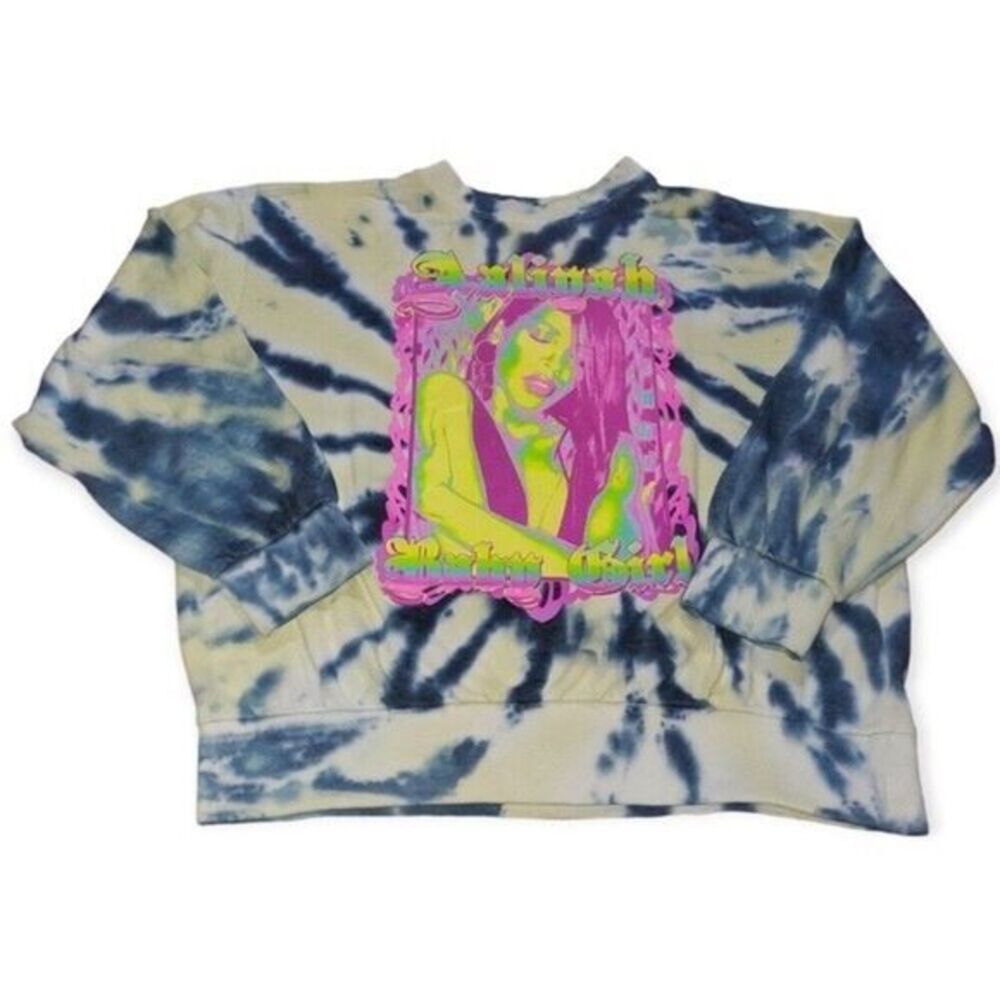 AALIYAH Blue Tie Dye Crew Neck Neon Screen Print Pullover Sweatshirt L FLAWED * - Picture 3 of 8